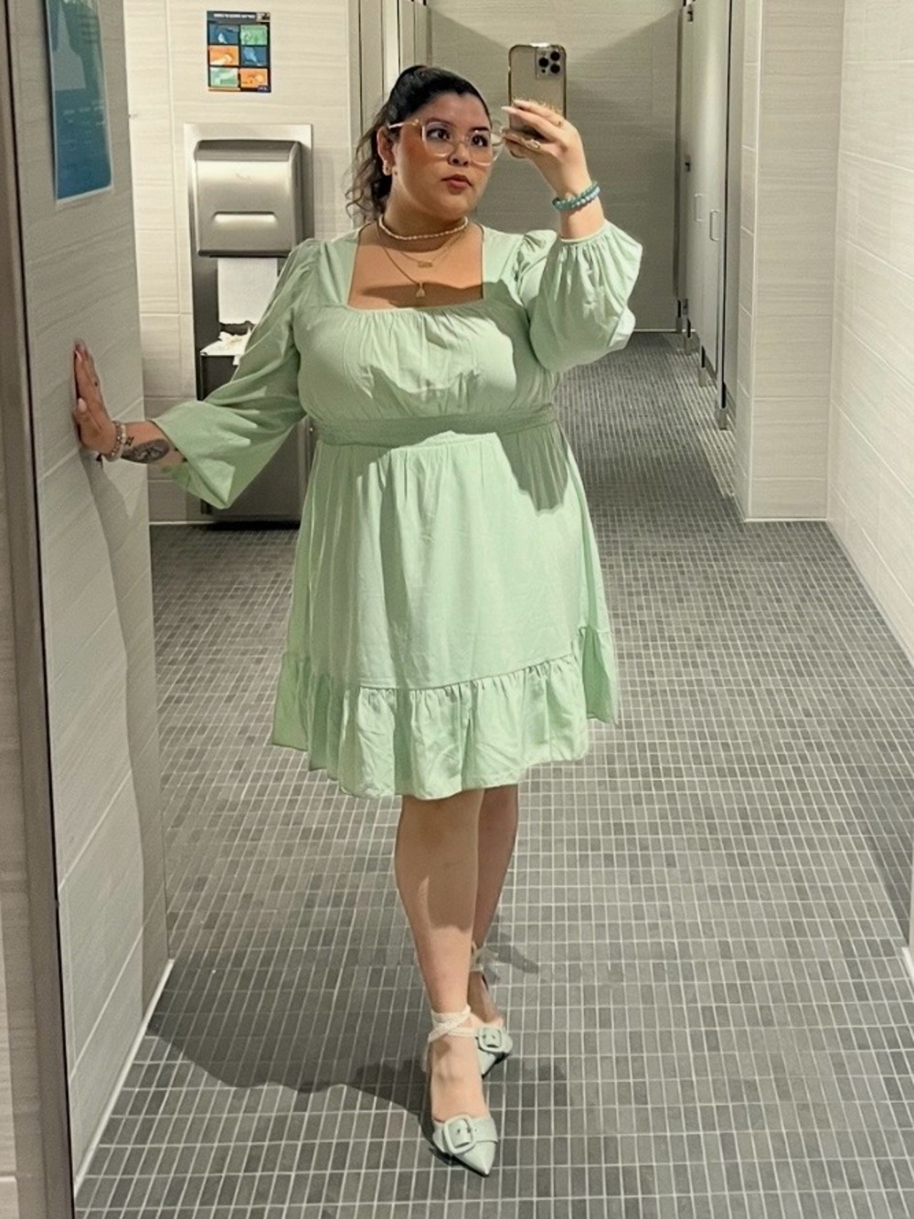 Smocked Waist Mint Green Mini Dress with Square Neck